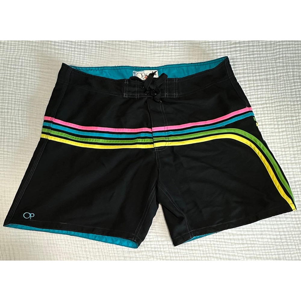 OP Ocean Pacific‎ Swim Trunks Mens Size 36 Black Neon Striped Board Shorts